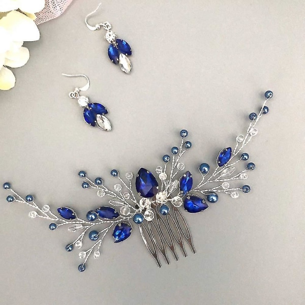 Kvinner Royal Sapphire Crystal Blue Pearl Earring Hår Vine Sett Sølv Bryllup Hår tilbehør Hår Kam stykke Gave (blå)