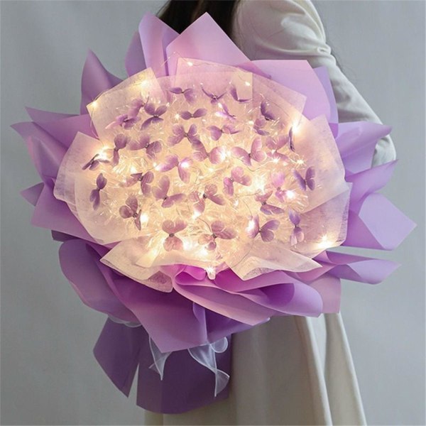 Hårbånd Ny 33pc Sommerfugler Blomsterbukett Gaveeske Med Led Lys Flott Gaveideer Til Valentinsdag, Bursdag, Jubileum, Forlovelse Purple One Size