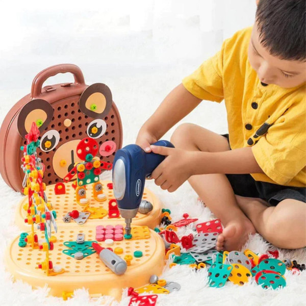 Kreativitet Værktøjskasse-pædagogisk træpuslespil Mosaiklegetøjssæt Legetøj med boreværktøjssæt Byggeklods