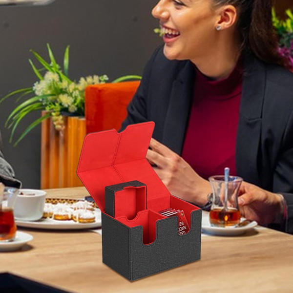 Samlekortsspilæske, Kortspilæsker - PU Læder Kortspil Opbevaringsæske med Magnetisk Lukning, U-formet Slot Solid Konstruktion Bridge Box Black Red