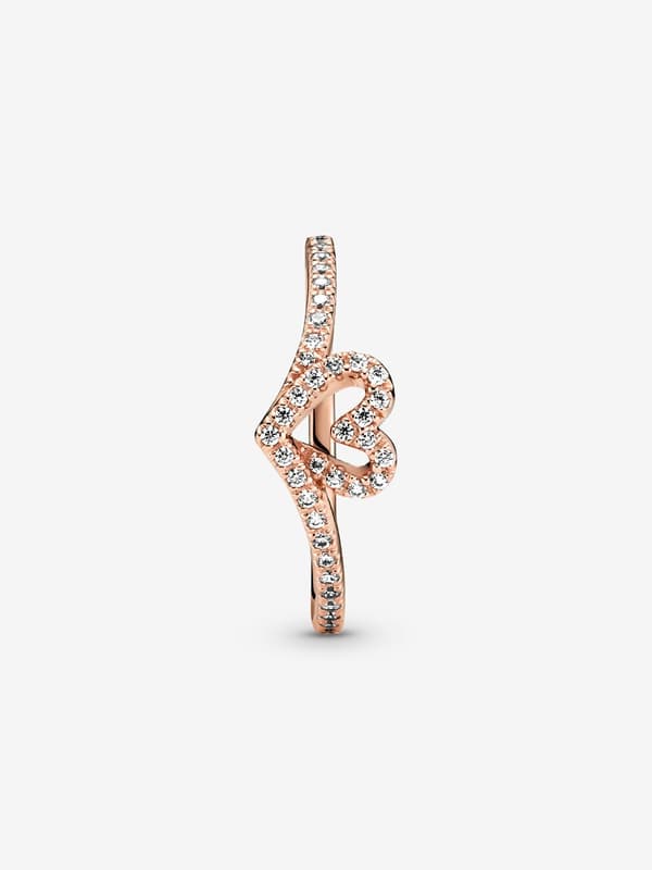 Pandora - Sparkling Wishbone Heart Ring - 14k ruusukullattu Circumference: 56mm