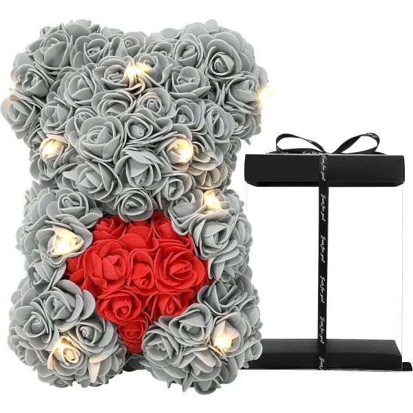 valentinsdag, Rose Bear Håndlaget rose Teddy Bear Rose Teddy Bear - Gave til Valentines Day, Mors Day, Clear Gift Box (grå)