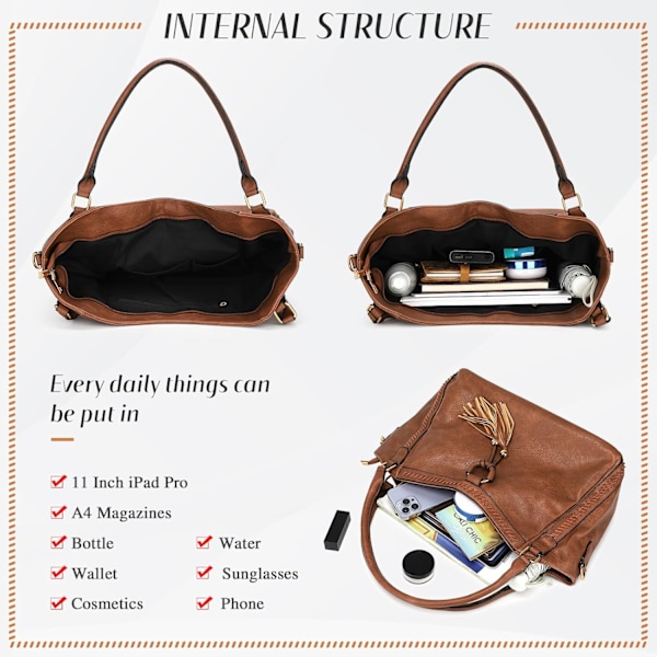 Dametasker, Frynset Shopper Taske Mode Crossbody Taske i PU Læder Håndtaske til Arbejde, Daglig Brug og Fester Brown
