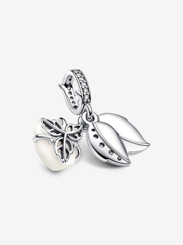 Pandora - Vit ros i blom dubbel dinglande berlock - Sterlingsilver