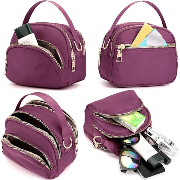 Cross Body Telefonveske Kvinner, Kvinner Jenter Glidelås Cross Body Telefonvesker, Nylon Lommebok Skulder Bag, 3 Lag Glidelås Mobiltelefon Pung med Justerbar Rem. Purple