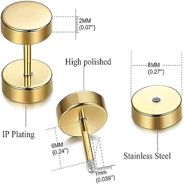 5 par rostfritt stål runda silver guld creol barbell pluggar skruv pluggar örhängen män kvinnor clip på falska mätare örhänge 8MM