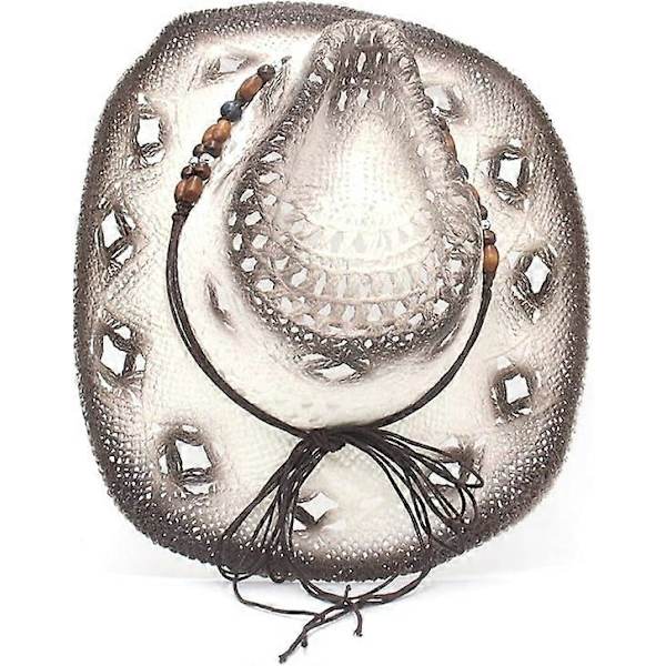 Cowboyhatte i hullet strådesign - Sommer strand cowboyhat Damer Western solhat Knusbar Boho strå cowboyhat White