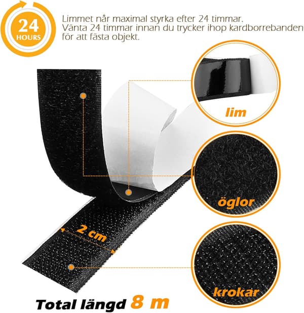 Velcro selvklæbende 25 meter ekstra stærk, (Sort, 20 mm x 25 m)