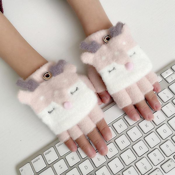 Höst- och vintervantar i plysch för barn, halvfingerhandskar med snäckskal pink