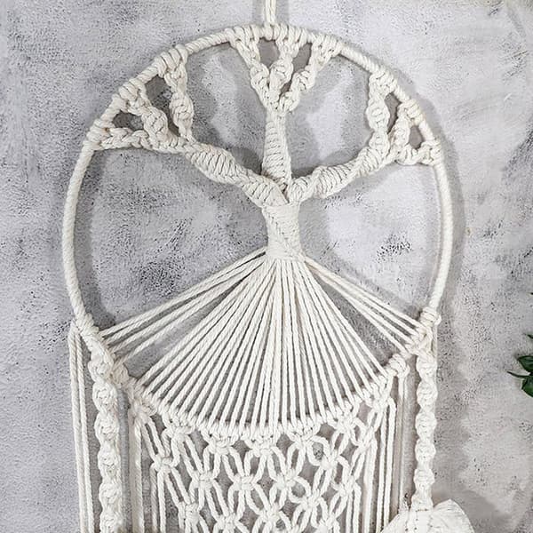 Hängande drömfångare väggdekor med 3-blads tofs, handgjord Boho makramé väggbonad