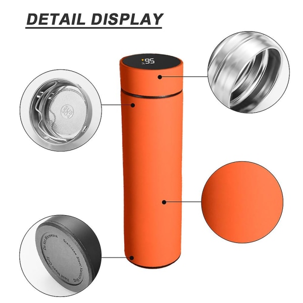 Vannflaske med LED-temperaturdisplay, dobbelvegget vakuumisolert vannflaske matt oransje matte orange