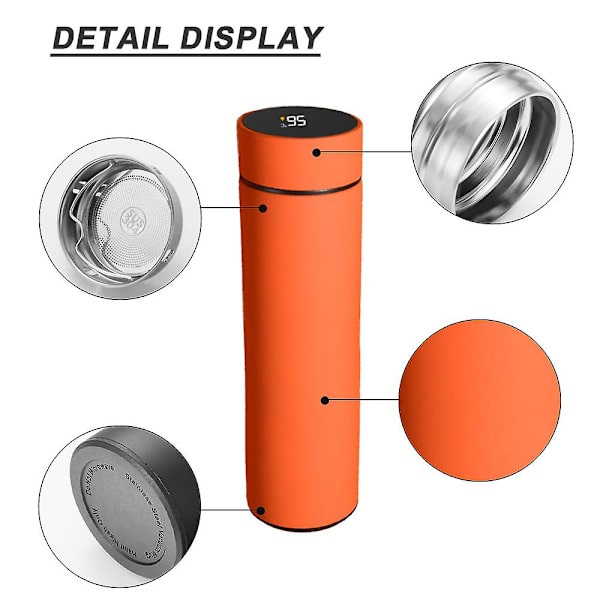 Vattenflaska med LED-temperaturdisplay, dubbelväggig vakuumisolerad vattenflaska matt orange matte orange