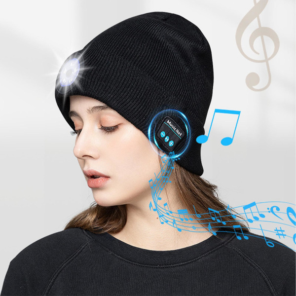 Utendørs Bluetooth lue lue med hodelykt, led musikalsk strikket lue for kvinner, mann, kjæreste Black 1