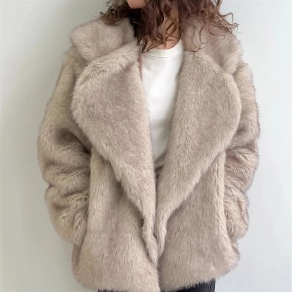 Chic Damejakke med Sjal Krave, Dobbelt Bryst, Lang Uld Model Beige Fur Coat XL