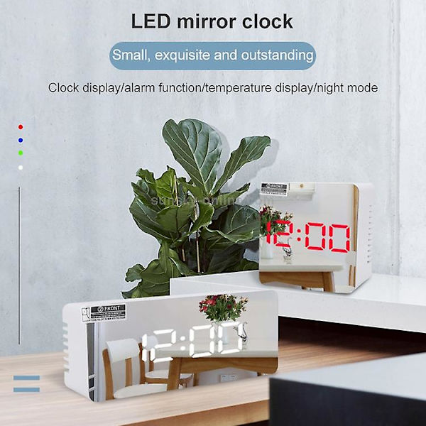 Ts-s69-hw Multifunktionell LED-väckarklocka Batteri Plug-in Dubbelsidig Spegel Makeup Spegel Klocka (grå Vit)