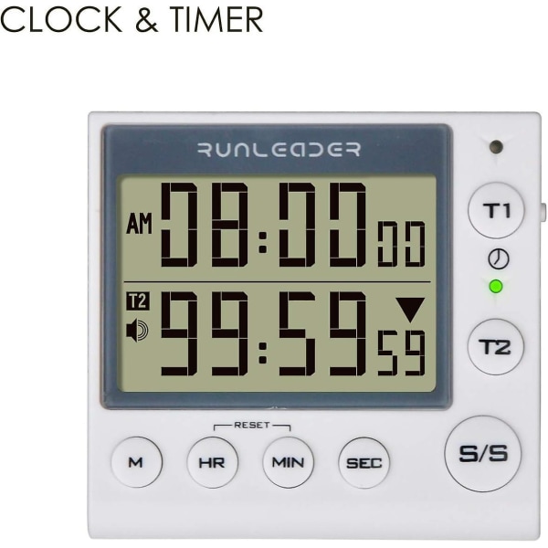 2-kanals timer med ur - køkkenur, alarmur, digital minut/sekund timer, bordur, elektrisk ur til køkken