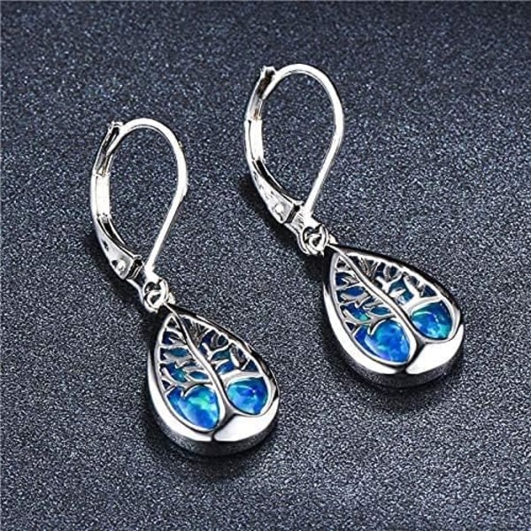 Jewelry Exquisite Water Drop Blue White Fire Opal Life Tree Dangle Earrings For Women