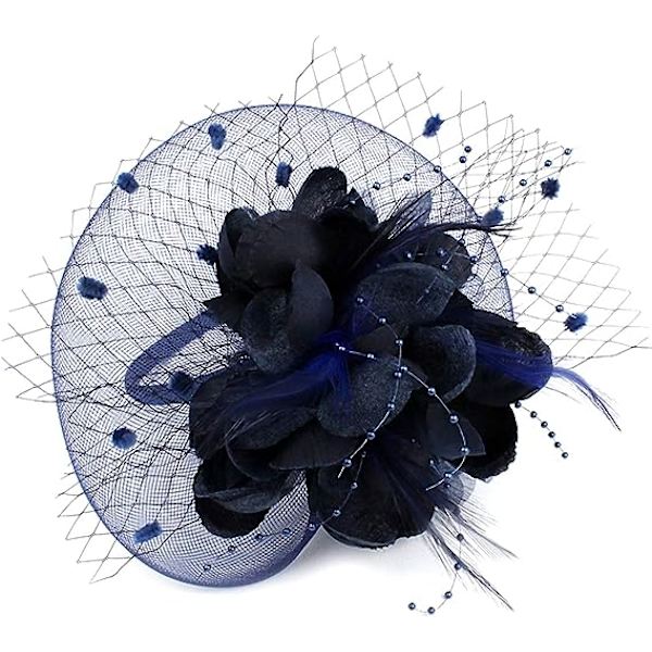 Dam Fascinator Pillbox Hatt Kvinnor Blomma Bowler Hatt Fjäder Bröllop Cocktail Hatt Hårklämma Fest Hatt Hårtillbehör med Hår(Djup Blå) Deep Blue