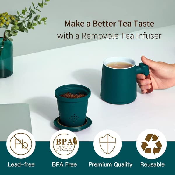 Tekopp med infuser och lock, teinfuser med trähandtag, 360 ml matt keramiskt teinfuser-present dark green