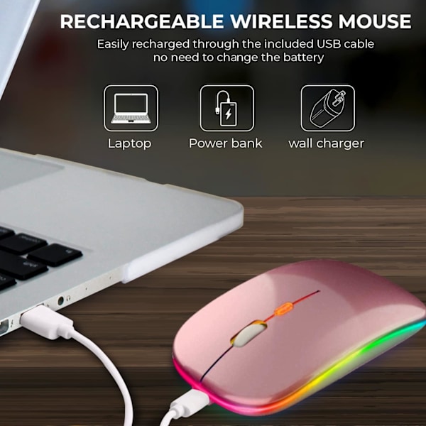 LED trådløs mus, slank genopladelig trådløs lydløs mus, 2.4G bærbar USB optisk trådløs computermus med USB-modtager til notesbog, pc, bærbar computer Rose Gold