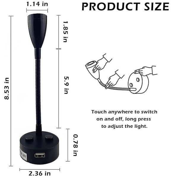 12v-24v LED-læselampe, Rv-dæmpbar læselampe med USB-oplader, til campingvogn, rejselastbil, trailer, Rv-sengelampe, 2 stk. - sort Cy black