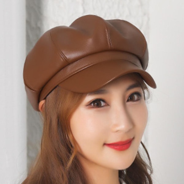 Pu Leather Cab Maler's Hat Gatsby Ivy Beret brown