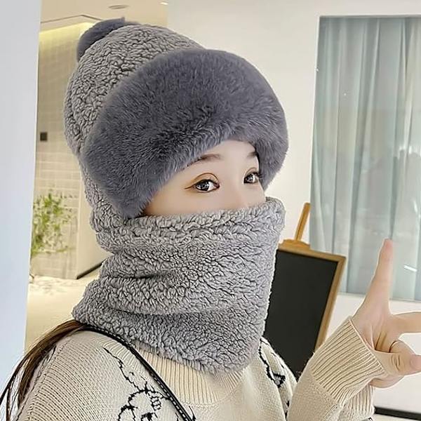 Naisten pyöräilytuulenpitävä huivihattu Talvinen kaulaliina Lämmin fleece-naamio Termohuppu Pompomilla hiihtämiseen pyöräilyyn One Size,Grey