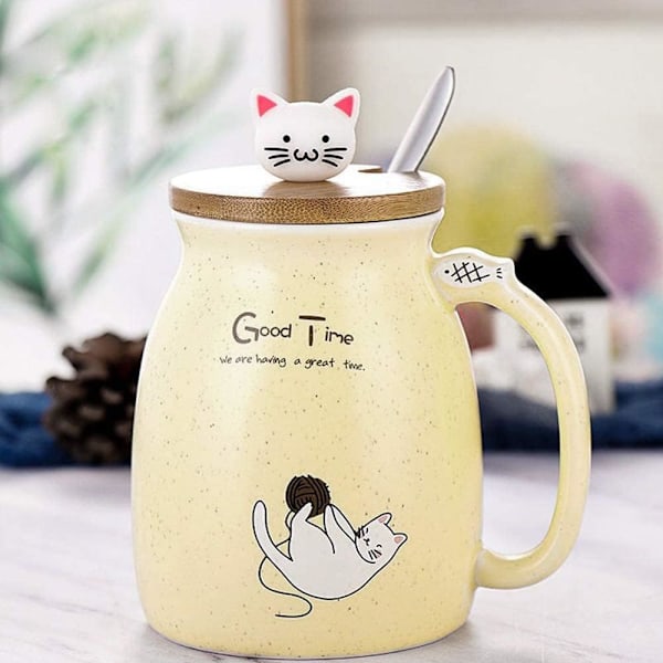 Kattmugg Söt Keramisk Kattunge Kaffekopp med Underbar Kattlock Rostfritt Stål Sked för Kaffe Te Mjölk 380ML Te Mjölk Julmugg för Kvinnor (Gul)