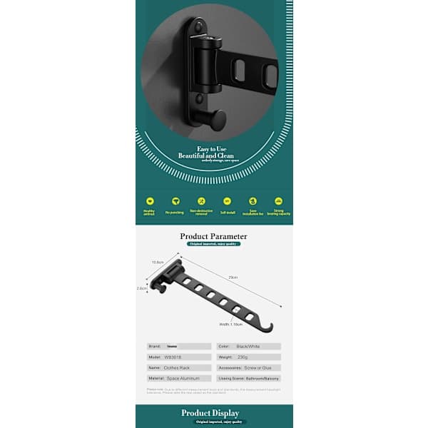 Foldbart tørrestativ Vægmonteret teleskopisk tøjstativ sort 2 stk black 2pcs