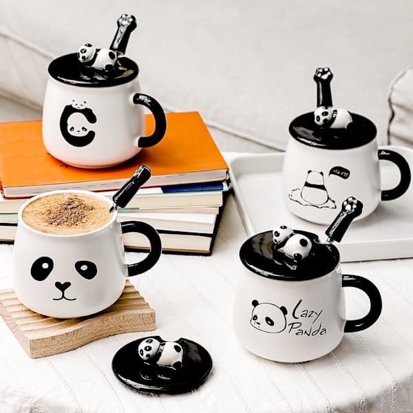 Søt keramisk kaffekopp med lat panda, 3D panda-lokk og skje, 3D panda kaffekopp, krus, nyhet kaffekopp, tekopp, melkekopp, gaver