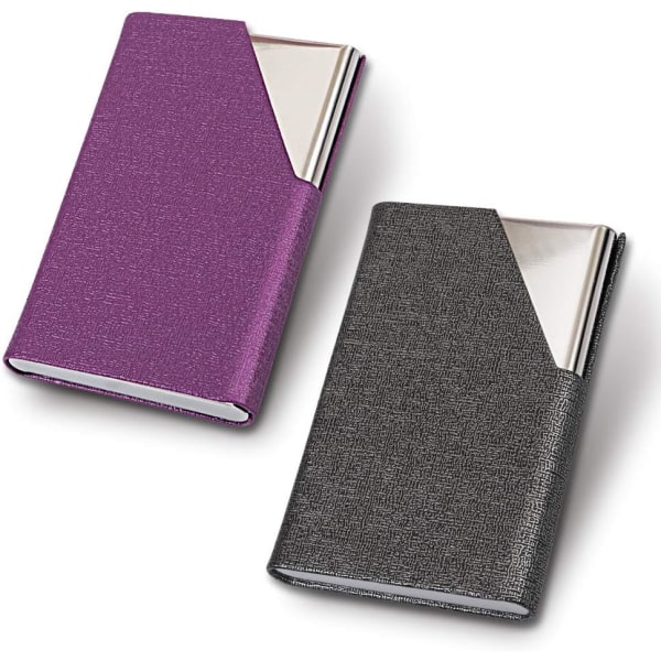 Käyntikorttikotelo, ohut Professional 2 pakkausta PU-nahkaa + ruostumatonta terästä case matkustamiseen ja yrityskäyttöön - harmaa ja violetti