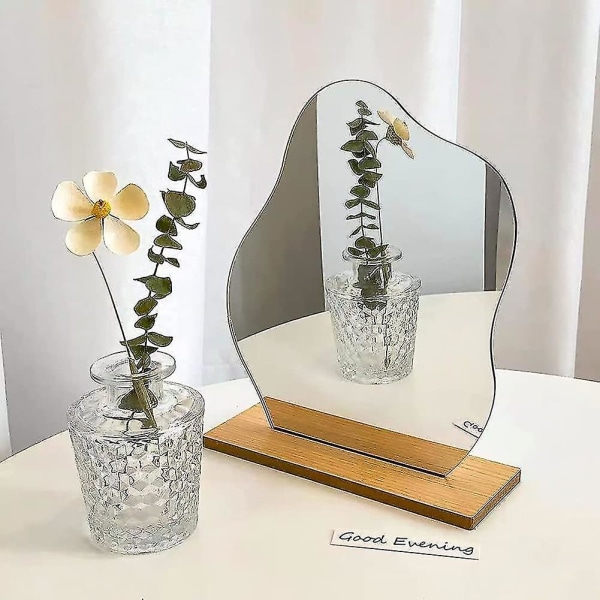 Akrylsminkspegel Ramlös Dekorativt sminkbord Spegelsmink Oregelbunden form med träbas för sovrum, vardagsrum och minimala utrymmen