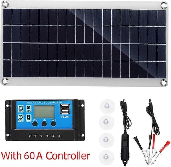 300w 12v Solcellepanel, Solcellepanelsett, Batteriladersett med 60a Solcelleladeregulator for Bobil, Yacht, Utendørs, Hage, Belysning