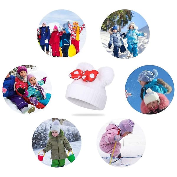 Lue for småbarn Vinter Dobbel Pom Pom Strikket Lue White