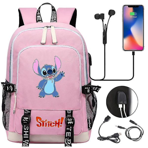 Anime Stitch  Filmer Usb Laddning Ryggsäck Skolväska Grundskolan Mellanstadiet Pojkar Flickor Stor Kapacitet Bokväska Hög Kvalitet style 3
