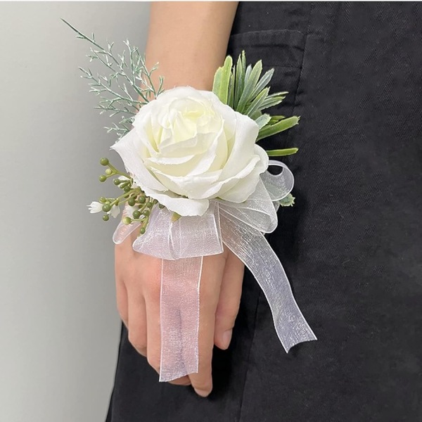 2 stk. Hvide Rose Dame Håndled Blomster og Herre Knaphuls Corsage Velegnet til Brud og Brudepige Bryllup Prom