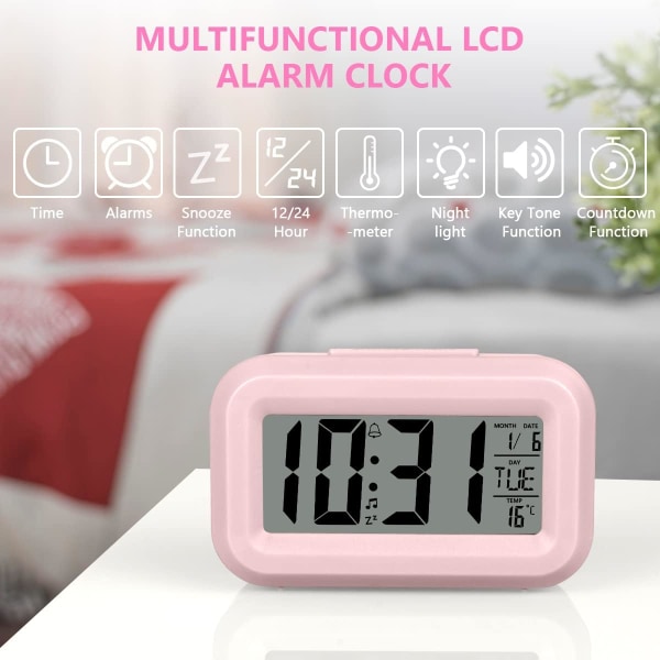 Digital väckarklocka vid sängkanten, LED-displayklockor med justerbar snooze 12/25h, temperatur, datum, timer, ljuskontroll Väckarklockor