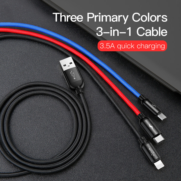 Baseus 3-i-1 multi-oplader, USB-C/Lightning/MicroUSB, 3.5A, 1.2m