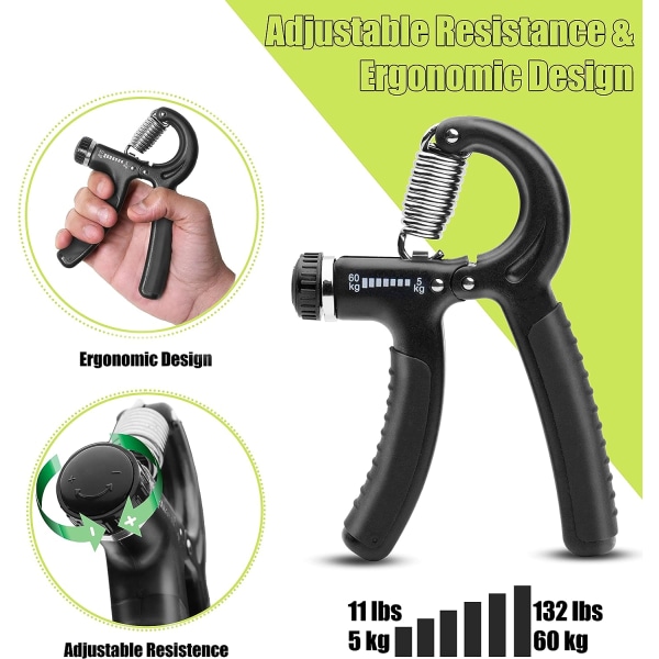 5-60 kg greppstyrketränare – Justerbar handgreppsstyrketränare med rostfritt stålfjäder för starka handleder, fingrar, underarm, händer Black