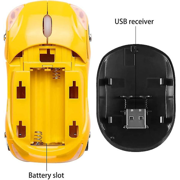 2.4 GHz:n langaton hiiri, hieno 3D-urheiluauto, ergonominen optinen hiiri USB-vastaanottimella PC-kannettavalle tietokoneelle, naisille, pienille käsille (keltainen)