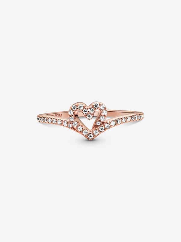 Pandora - Sparkling Wishbone Heart Ring - 14k ruusukullattu Circumference: 56mm