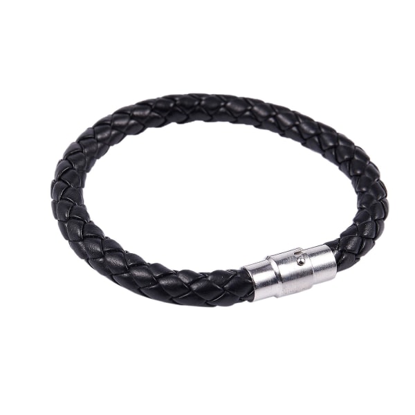 Rustfrit stål læderarmbånd, flettet læderarmbånd, til mænd, kvinder, sort - bredde 6 mm - længde