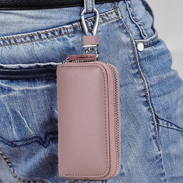 Læder nøglepung til mænd med lynlås bean pink