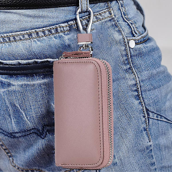 Lädernyckelväska för män med dragkedja bean pink