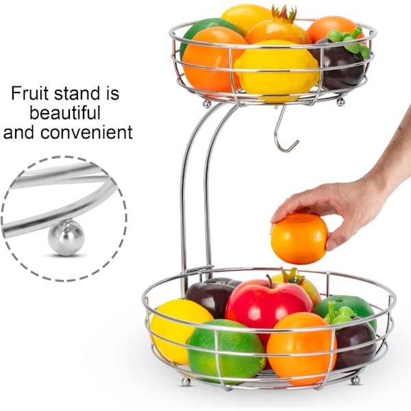 Fruktkorg, 2-vånings fruktskål med banan, kök, metallskålar perfekta för att förvara frukt, grönsaker, snacks, cupcakes Silver