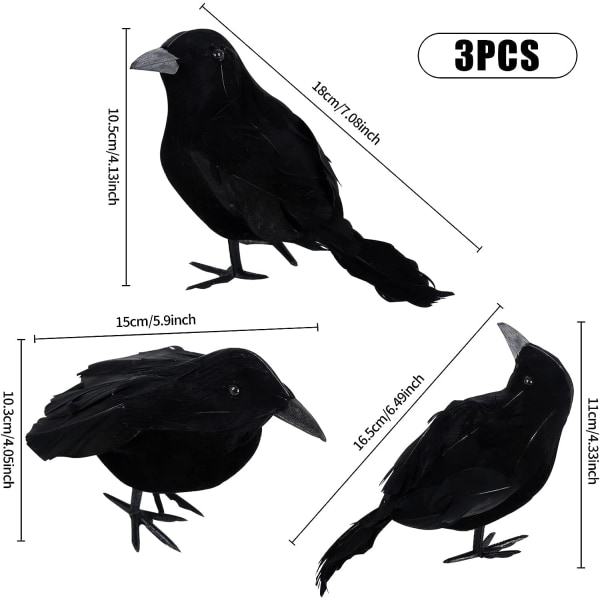 3-pack Halloween-kråkor Konstgjorda fjäderkråkor Realistiska Korpfåglar Dekorationer Djurprydnad Spöklik svart fjäderkråkfågel för Halloween-fest