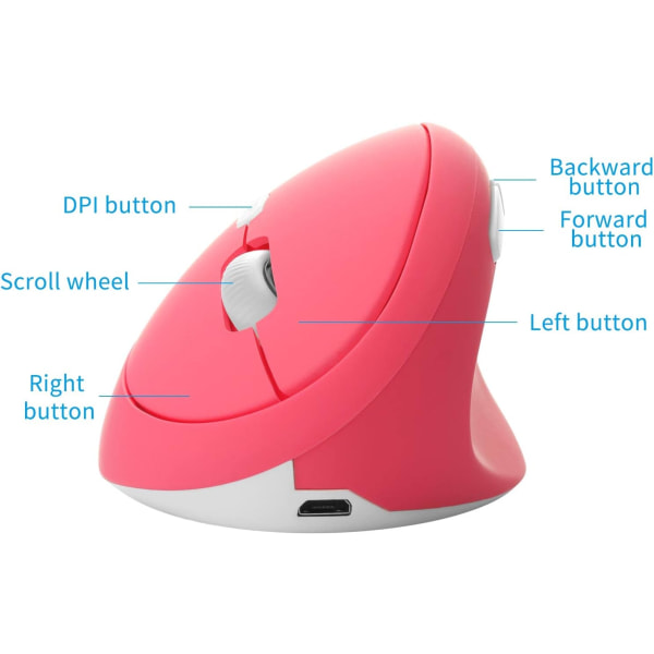 Ergonomisk Mus, Trådløs Mus Oppladbar Vertikal Mus med USB-mottaker, 2.4GHz Trådløs Mus, 6 Knapper, Justerbar DPI 800/1200/1600 Pink