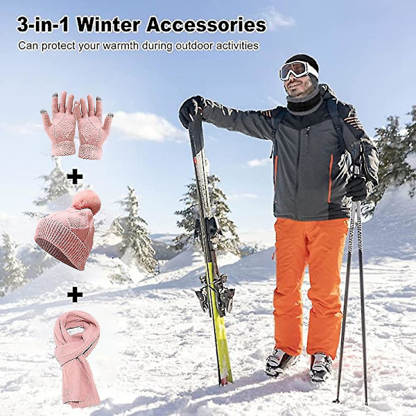 Vintermössa + lång halsduk + vantar Set för kvinnor och män - pink