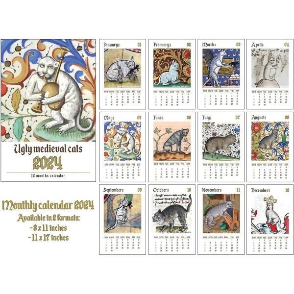 Keskiaikaiset kissamaalaukset kalenteri 2024, rumat kissat renessanssimaalauksessa 2024 seinäkalenteri, omituiset keskiaikaiset kissat kalenterilahja 2pcs