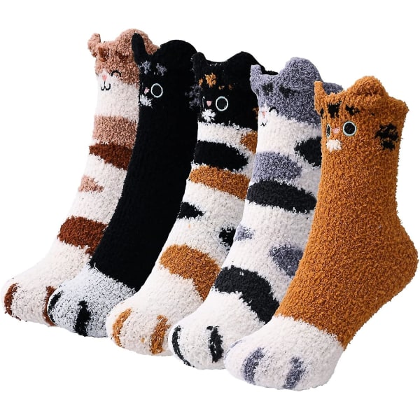 5 par fluffy sokker - søde kattepote-sokker